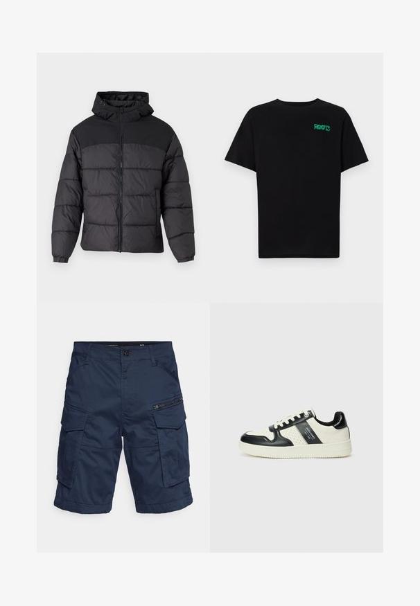 Fekete puffernadrág kapucnival, elöl cipzáros, rugalmas mandzsettákkal és steppelt dizájnnal. A felső része sima anyagból készült.; Fekete, pamutból készült póló rövid ujjakkal. Elöl zöld "ROOTS" logóval, kerek nyakkivágással és normál szabással.; Tengerészkék cargo sort, több zsebbel, cipzáros díszítésekkel és gombos záródással. Tartós, könnyű anyagból készült, így sokoldalú.; Fekete és krém színű bőrsneaker, perforált díszítésekkel, párnázott bokapánttal és texturált talppal.