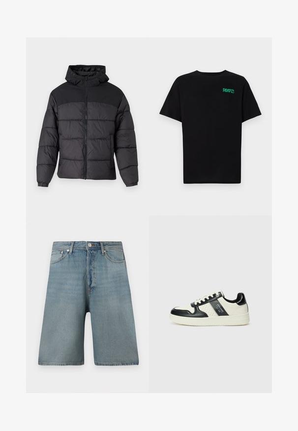 Svart puffjakke med hette, med glidelås foran, elastiske mansjetter og quiltet design. Øvre del har glatt stoff.; svart t-skjorte laget av bomull med korte ermer. Har et grønt "ROOTS"-logo på forsiden, rund halsutringning og standard passform.; Lyseblå denimshorts med løs passform, fem lommer og tradisjonell knappelukking, med falmede flekker for et slitt utseende.; Lædersneakers med sort og creme farveskema, der har perforerede detaljer, en polstret krave og en struktureret ydersål.