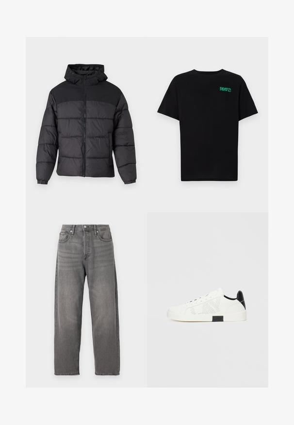 Čierna pufková bunda s kapucňou, so zipsom na prednej strane, elastickými manžetami a prešívaným dizajnom. Horná časť je z hladkej látky.; Čierne tričko s krátkymi rukávmi vyrobené z bavlny. Na prednej strane má zelené logo "ROOTS", okrúhly výstrih a štandardný strih.; Sivé denims džínsy s voľným strihom, rovným strihom nohavíc, päť vreckovým dizajnom a kovovým zapínaním. Vyzerajú opotrebovane s jemným prešívaním.; Biele tenisky s perforovaným dizajnom, čiernym akcentom na päte a bielou gumovou podrážkou. Obsahujú šnúrky a logo na boku. Hladká kožená textúra.