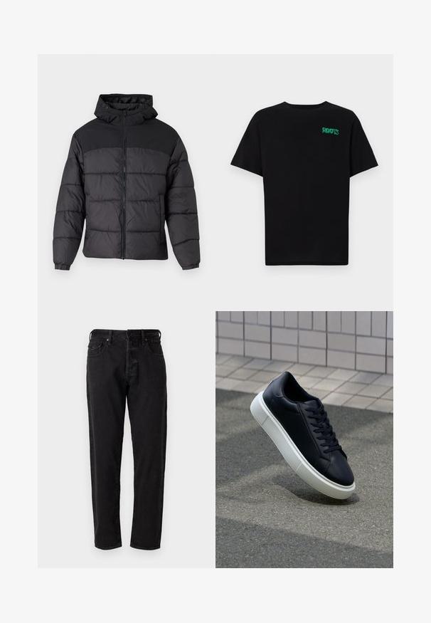 Black puffer jacket with a hood, featuring a zip front, elastic cuffs, and a quilted design. Upper section is smooth fabric.; Black t-shirt made of cotton with short sleeves. Features a green "ROOTS" logo on the front, round neckline, and standard fit.; Black denim jeans with a straight-leg design, five pockets, and metal button closure. Material has a soft texture with minimal fading.; Black leather sneaker with rounded toe and white rubber sole. Features flat laces and minimal stitching on the upper. Textured sole for grip.