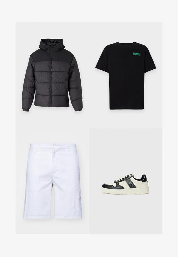 Black puffer jacket with a hood, featuring a zip front, elastic cuffs, and a quilted design. Upper section is smooth fabric.; Black t-shirt made of cotton with short sleeves. Features a green "ROOTS" logo on the front, round neckline, and standard fit.; White cotton shorts with a straight cut, zipper fly, and button closure. Features side pockets and a smooth texture.; Leather sneakers with a black and cream color scheme, featuring perforated accents, a padded collar, and a textured outsole.