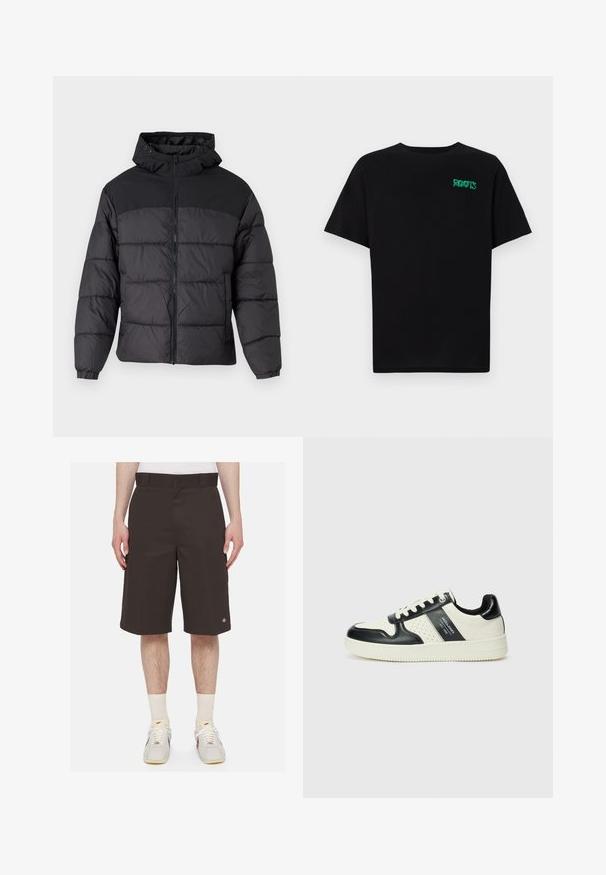 Geacă puffer neagră cu glugă, cu fermoar în față, manșoane elastice și un design matlasat. Secțiunea superioară este dintr-un material neted.; Tricou negru din bumbac, cu mâneci scurte. Prezintă un logo verde "ROOTS" pe față, guler rotund și o potrivire standard.; Pantaloni scurți de culoare maro închis, confecționați dintr-un material rezistent, cu un croi drept, lungime până la mijlocul coapsei și logo brodat pe piciorul stâng.; Tenisi din piele cu un scheme de culori negru și crem, dotati cu accente perforate, guler căptușit și o talpă texturată.