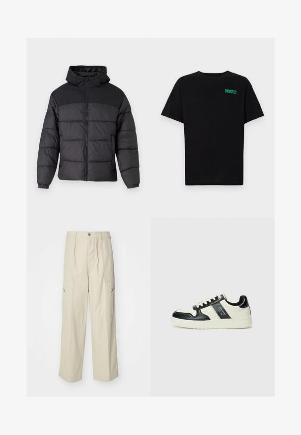 Black puffer jacket with a hood, featuring a zip front, elastic cuffs, and a quilted design. Upper section is smooth fabric.; Black t-shirt made of cotton with short sleeves. Features a green "ROOTS" logo on the front, round neckline, and standard fit.; Beige cargo pants with a loose fit, two front pockets, and a slightly textured fabric. Features a button closure and wide-leg design.; Leather sneakers with a black and cream color scheme, featuring perforated accents, a padded collar, and a textured outsole.