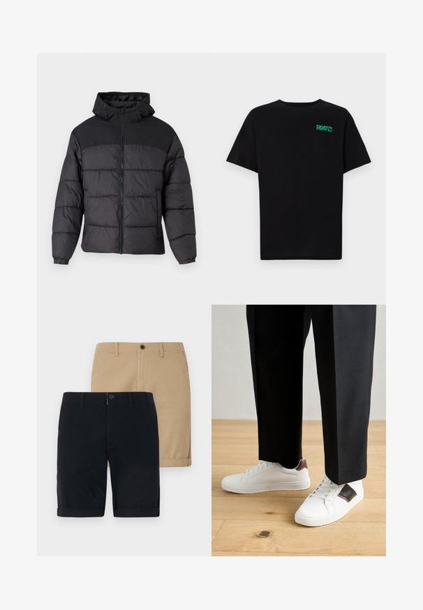 Black puffer jacket with a hood, featuring a zip front, elastic cuffs, and a quilted design. Upper section is smooth fabric.; Black t-shirt made of cotton with short sleeves. Features a green "ROOTS" logo on the front, round neckline, and standard fit.; Two pairs of shorts: one navy blue and one khaki. Both are made of cotton, feature a flat front, roll-up hem, and a button closure.; White sneakers with smooth texture, featuring brown leather accents and black detailing, paired with black tailored pants. Wooden floor background.
