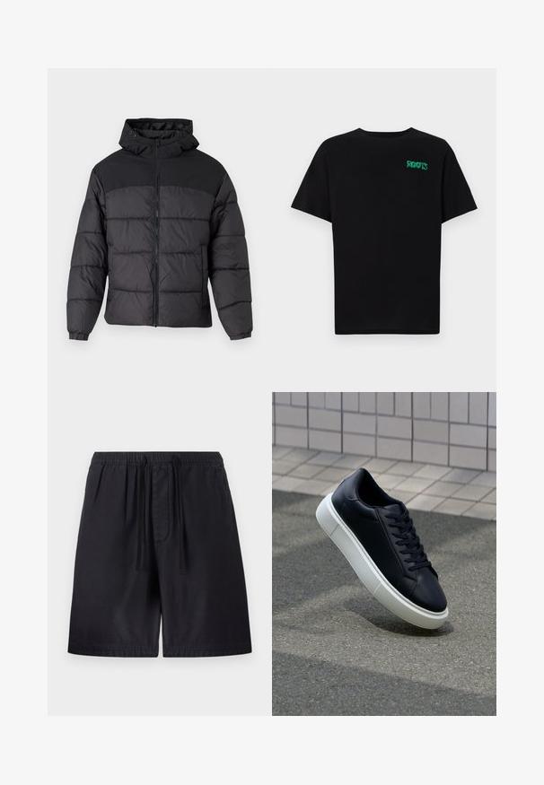 Giacca a vento nera con cappuccio, dotata di chiusura zip frontale, polsini elastici e un design trapuntato. La parte superiore è in tessuto liscio.; T-shirt nera in cotone con maniche corte. Presenta un logo verde "ROOTS" sulla parte frontale, colletto rotondo e vestibilità standard.; Pantaloni corti neri con vita elasticizzata, dotati di cordoncino, tasche laterali e un tessuto leggero per il massimo comfort. Dettagli delle cuciture visibili.; Sneaker in pelle nera con punta arrotondata e suola in gomma bianca. Presenta lacci piatti e cuciture minime sulla parte superiore. Suola testurizzata per una migliore aderenza.