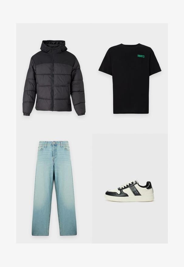 Svart puffjakke med hette, med glidelås foran, elastiske mansjetter og quiltet design. Øvre del har glatt stoff.; svart t-skjorte laget av bomull med korte ermer. Har et grønt "ROOTS"-logo på forsiden, rund halsutringning og standard passform.; Lyseblå vid bukse laget av denim med en falmet vask. Har en frontlukking med knapp og fem lommer.; Lædersneakers med sort og creme farveskema, der har perforerede detaljer, en polstret krave og en struktureret ydersål.