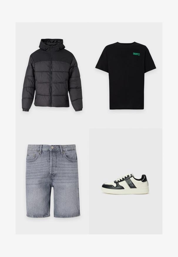 Black puffer jacket with a hood, featuring a zip front, elastic cuffs, and a quilted design. Upper section is smooth fabric.; Black t-shirt made of cotton with short sleeves. Features a green "ROOTS" logo on the front, round neckline, and standard fit.; Denim shorts in light gray with a classic cut, featuring five pockets, a button closure, and slightly faded texture.; Leather sneakers with a black and cream color scheme, featuring perforated accents, a padded collar, and a textured outsole.