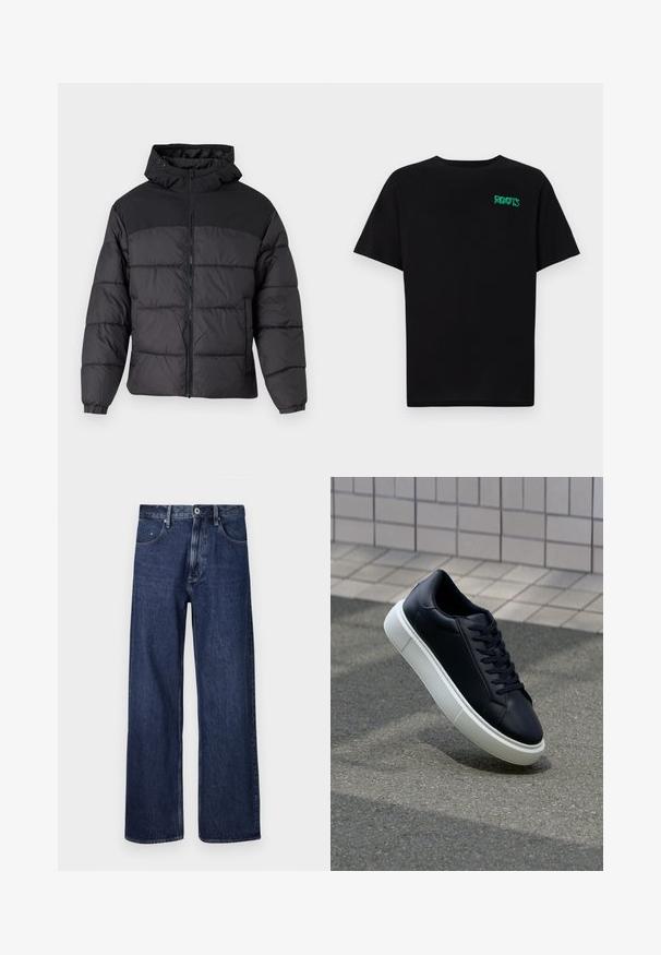 Juodas pūkinis švarkas su gobtuvu, turintis užtrauktuką priekyje, elastingas manžetai ir siūlėta tekstūra. Viršutinė dalis pagaminta iš lygaus audinio.; Juodas medvilninis marškinėliai trumpomis rankovėmis. Priekyje yra žalias „ROOTS“ logotipas, apvalus iškirpimas ir standartinė prigludimo forma.; Tamsiai mėlynos džinsinės kelnės su tiesiu sijonu, standartinė penkių kišenių išdėstymas ir vienas priekinis mygtuko uždarymas. Audinys turi nedidelį tekstūros efektą.; Juodas odinis sportbačius su apvaliu pirštu ir baltu gumuotu padu. Turi plokščias raišteles ir minimalų siuvimą viršuje. Padangos tekstūra užtikrina sukibimą.