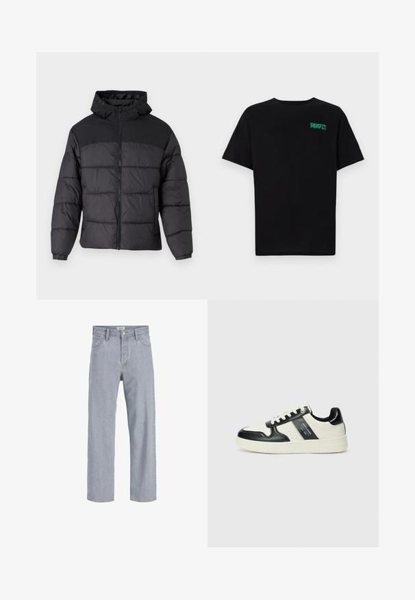 Fekete puffernadrág kapucnival, elöl cipzáros, rugalmas mandzsettákkal és steppelt dizájnnal. A felső része sima anyagból készült.; Fekete, pamutból készült póló rövid ujjakkal. Elöl zöld "ROOTS" logóval, kerek nyakkivágással és normál szabással.; Világoskék farmernadrág, laza szabású, egyenes lábú kialakítással, látható varrással, két elülső zsebbel és gombos záródással.; Fekete és krém színű bőrsneaker, perforált díszítésekkel, párnázott bokapánttal és texturált talppal.
