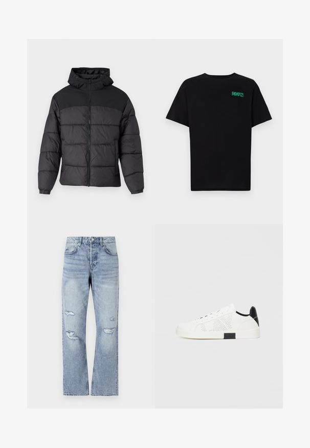 Geacă puffer neagră cu glugă, cu fermoar în față, manșoane elastice și un design matlasat. Secțiunea superioară este dintr-un material neted.; Tricou negru din bumbac, cu mâneci scurte. Prezintă un logo verde "ROOTS" pe față, guler rotund și o potrivire standard.; Jeans din denim de un albastru deschis, cu un design cu picior drept, prezentând găuri distresate la genunchi și un stil clasic cu cinci buzunare.; Adidași albi cu un design perforat, accent negru la călcâi și talpă albă din cauciuc. Prezintă șireturi și un logo pe lateral. Textură netedă din piele.