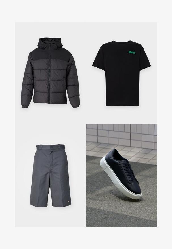 Sort pufferjakke med hætte, med lynlåslukning, elastiske manchetter og en quilted design. Øverste sektion er lavet af glat stof.; Sort t-shirt lavet af bomuld med korte ærmer. Har et grønt "ROOTS" logo på forsiden, rund halsudskæring og almindelig pasform.; Grå shorts lavet af slidstærkt stof, med lige snit, to sidelommer og et lille logo på baglommen.; Sort lædersneaker med rund tå og hvid gummisål. Har flade snørebånd og minimal syning på overdelen. Tekstureret sål for bedre greb.