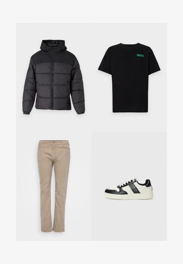 Svart puffjakke med hette, med glidelås foran, elastiske mansjetter og quiltet design. Øvre del har glatt stoff.; svart t-skjorte laget av bomull med korte ermer. Har et grønt "ROOTS"-logo på forsiden, rund halsutringning og standard passform.; Beige bomullsbukser med rett ben-design, med glidelås, beltehemper og subtile stikkdetaljer. Glatt tekstur gjennom hele.; Lædersneakers med sort og creme farveskema, der har perforerede detaljer, en polstret krave og en struktureret ydersål.