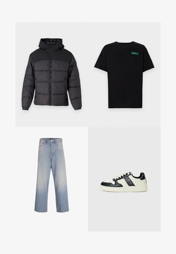 Fekete puffernadrág kapucnival, elöl cipzáros, rugalmas mandzsettákkal és steppelt dizájnnal. A felső része sima anyagból készült.; Fekete, pamutból készült póló rövid ujjakkal. Elöl zöld "ROOTS" logóval, kerek nyakkivágással és normál szabással.; Világoskék, széles szárú farmernadrág, magas derékkal, elülső zsebekkel és fakó mosott hatással a textúrázott megjelenés érdekében.; Fekete és krém színű bőrsneaker, perforált díszítésekkel, párnázott bokapánttal és texturált talppal.