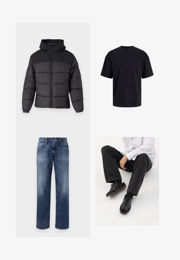 Fekete puffernadrág kapucnival, elöl cipzáros, rugalmas mandzsettákkal és steppelt dizájnnal. A felső része sima anyagból készült.; Fekete pamut póló, kerek nyakkivágással, rövid ujjú és laza fazonú. Simább anyagú, látható minták vagy díszítések nélkül.; Férfi kék farmernadrág egyenes lábakkal, enyhe kopással, öt zsebbel és gombos záródással.; Fekete tornacipők sima és texturált felsőrészel, gumitalppal és sötét cipőfűzőkkel. Fekete farmernadrággal és fehér csíkos inggel párosítva.