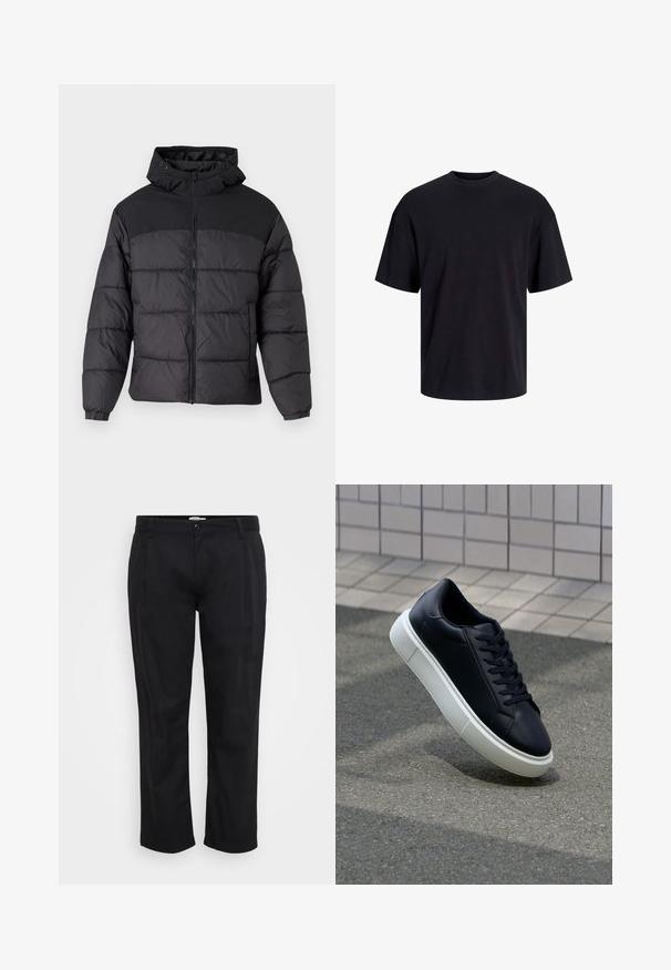 Black puffer jacket with a hood, featuring a zip front, elastic cuffs, and a quilted design. Upper section is smooth fabric.; Black cotton t-shirt with a crew neckline, short sleeves, and a relaxed fit. Smooth texture and no visible patterns or accents.; Jack & Jones JPSTBILL WILLIAM WORKER - Trousers - black; Black leather sneaker with rounded toe and white rubber sole. Features flat laces and minimal stitching on the upper. Textured sole for grip.