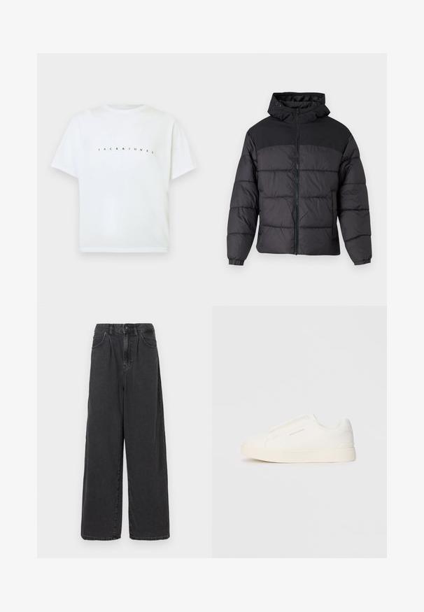 Schwarze Pufferjacke mit Kapuze, ausgestattet mit einem Reißverschluss, elastischen Bündchen und einem gesteppten Design. Der obere Teil besteht aus glattem Gewebe.; Weißes kurzärmliges Baumwoll-T-Shirt mit "JACK & JONES" in kleinen, gesprengten schwarzen Buchstaben quer über die Brust gedruckt.; Weite, hoch geschnittene schwarze Jeanshose mit einem Frontknopf und Reißverschluss, ausgestattet mit seitlichen Taschen und einer glatten Textur.; Weiße Slip-On-Sneaker mit einer strukturierten Oberfläche, dicker Sohle und minimalistischem Design. Mit Logo der Marke an der Seite.