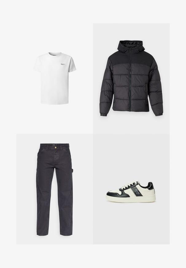 Fekete puffernadrág kapucnival, elöl cipzáros, rugalmas mandzsettákkal és steppelt dizájnnal. A felső része sima anyagból készült.; Fehér pamut póló, kerek nyakkivágással, rövid ujjakkal és egy kis fekete logóval a bal mellrészen. Sima textúra, normál szabású.; Sötétszürke cargo nadrág tartós anyagból, egyenes szárú fazonnal, öt zsebbel és gombos derékzárral.; Fekete és krém színű bőrsneaker, perforált díszítésekkel, párnázott bokapánttal és texturált talppal.