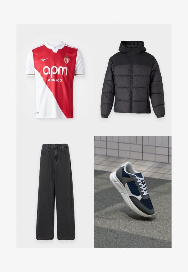 Čierna pufková bunda s kapucňou, so zipsom na prednej strane, elastickými manžetami a prešívaným dizajnom. Horná časť je z hladkej látky.; Červená a biela futbalová dres s krátkym rukávom, s diagonálnym farebným blokom, zlatými akcentmi, logom značky a erbom. Ľahká, priedušná tkanina.; Široké nohavice z čierneho denimu s vysokým pásom, s predným zapínaním na gombík a zips, so bočnými vreckami a hladkou textúrou.; Tenisky s sieťovinou v námorníckej modrej farbe, so sivými semišovými detailmi, bielou gumovou podrážkou a plochými bielymi šnúrkami, navrhnuté pre pohodlie a priedušnosť.