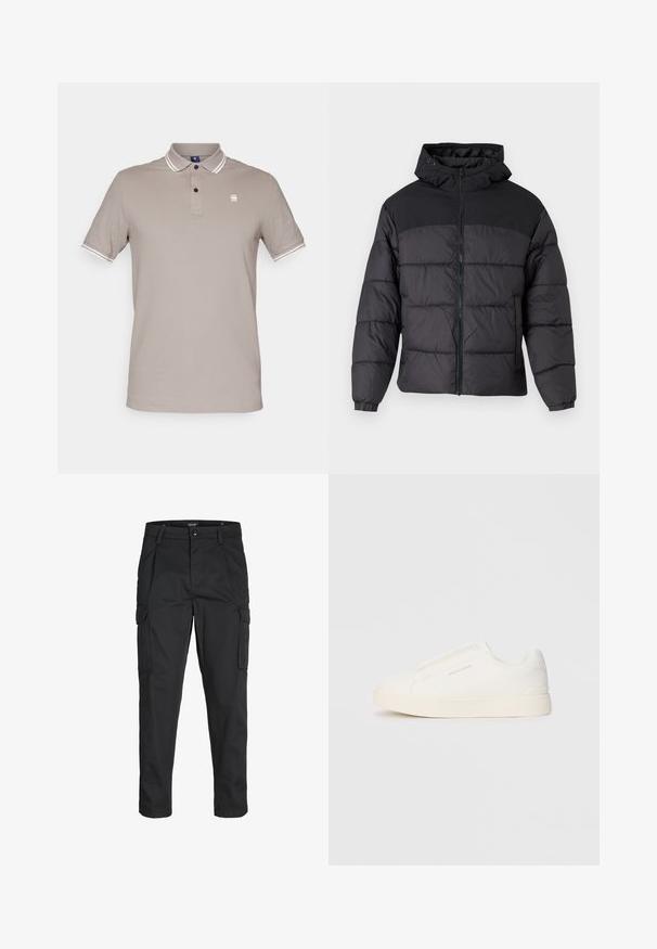 Svart puffjacka med huva, med dragkedja fram, elastiska ärmslut och en kviltad design. Översta delen har en slät tygkvalitet.; G-STAR DUNDA SLIM STRIPE - Piké - rock ridge; Svarta cargobyxor tillverkade av hållbart tyg, med flera fickor, knappstängning och en smal passform med avsmalnande ben.; Vita slip-on sneakers med en texturerad yta, en tjock sula och minimalistisk design. Har varumärkeslogotypen på sidan.