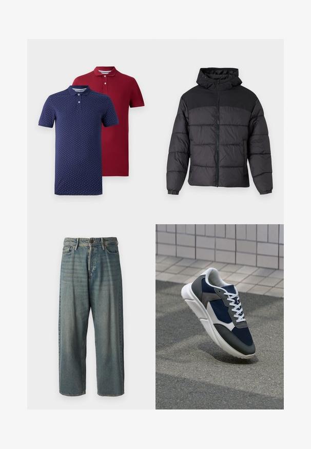 Black puffer jacket with a hood, featuring a zip front, elastic cuffs, and a quilted design. Upper section is smooth fabric.; Two short-sleeve polo shirts, one dark red solid and one navy blue with white vertical dot pattern, both with button plackets and collars.; Light blue denim jeans with a loose fit, mid-rise waist, and straight legs. Features five pockets, belt loops, and a button closure.; Sneaker featuring a navy blue mesh upper, gray suede accents, white rubber sole, and flat white laces, designed for comfort and breathability.
