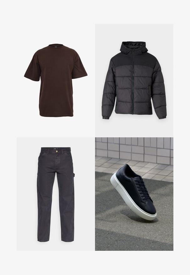 Črna puhovka s kapuco, z zadrgo spredaj, elastičnimi manšetami in kvačkanjem. Zgornji del je iz gladkega materiala.; Rjava bombažna majica s kratkimi rokavi, okroglim izrezom in sproščenim krojem. Gladka tekstura brez vidnih vzorcev ali poudarkov.; Temno sivi cargo hlače iz trpežnega materiala, z ravnim krojem nogavic, petimi žepi in gumbom za zapiranje v pasu.; Črne usnjene superge z zaobljenim prstom in belim gumijastim podplat. Imajo ravne vezalke in minimalno šivanje na zgornjem delu. Teksturirani podplat za oprijem.