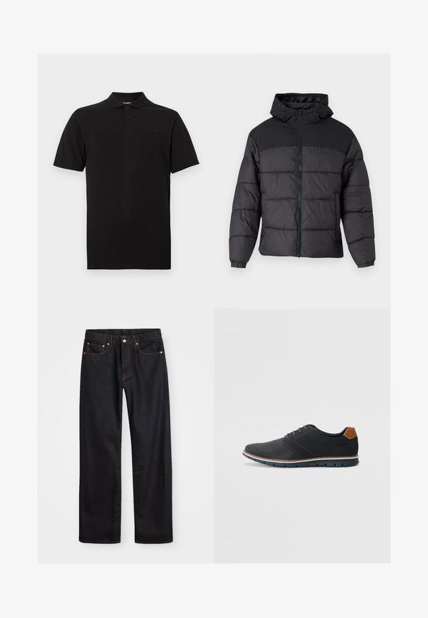 Černá péřová bunda s kapucí, se zipem v přední části, elastickými manžetami a prošívaným designem. Horní část je z hladkého materiálu.; Černé polo tričko vyrobené z bavlny, s klasickým límečkem, tříknoflíkovou légou a malým logem na hrudi.; Pánské černé džíny rovného střihu s pěti kapsami a oranžovým prošíváním, s knoflíkem a zipem na předním pásku.; Černé syntetické boty s texturovaným svrškem, hladkými detaily, hnědým podpatkem a kontrastní podrážkou. Obsahují minimální šněrování a švy.