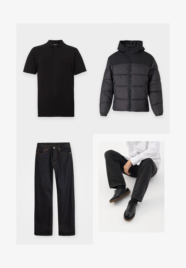 Black puffer jacket with a hood, featuring a zip front, elastic cuffs, and a quilted design. Upper section is smooth fabric.; Black polo shirt made of cotton, featuring a classic collar, three-button placket, and a small logo detail on the chest.; Men’s straight-leg black denim jeans with five pockets and orange stitching, button and zip closure on front waistband.; Black sneakers with a smooth and textured upper, featuring a rubber sole and dark laces. Paired with black jeans and a white striped shirt.