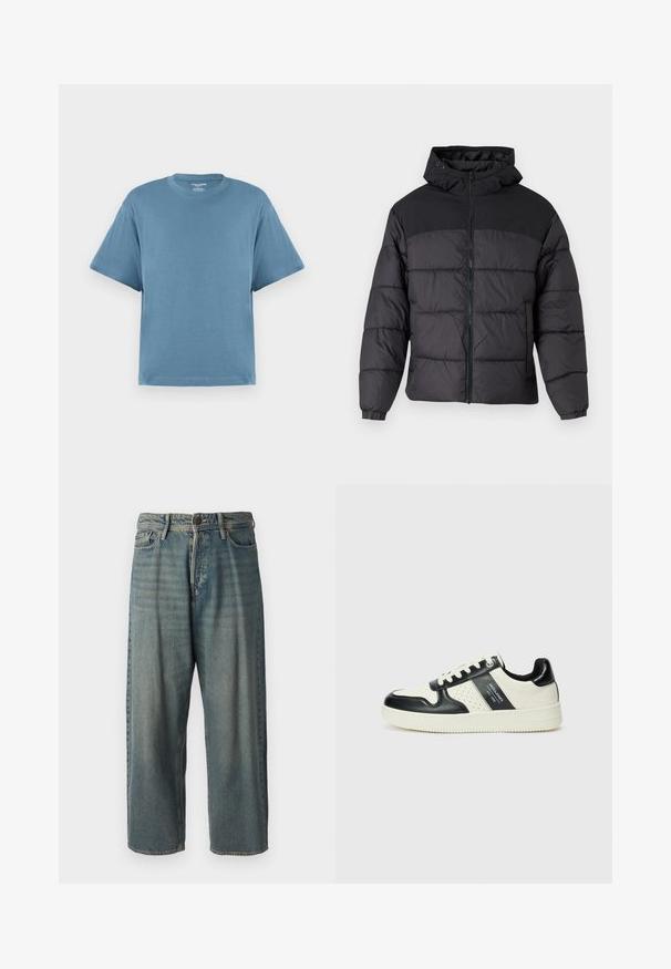 Black puffer jacket with a hood, featuring a zip front, elastic cuffs, and a quilted design. Upper section is smooth fabric.; Blue short-sleeve t-shirt, made of cotton, with a crew neck and a relaxed fit. Smooth texture, minimalist design, no patterns or accents.; Light blue denim jeans with a loose fit, mid-rise waist, and straight legs. Features five pockets, belt loops, and a button closure.; Leather sneakers with a black and cream color scheme, featuring perforated accents, a padded collar, and a textured outsole.