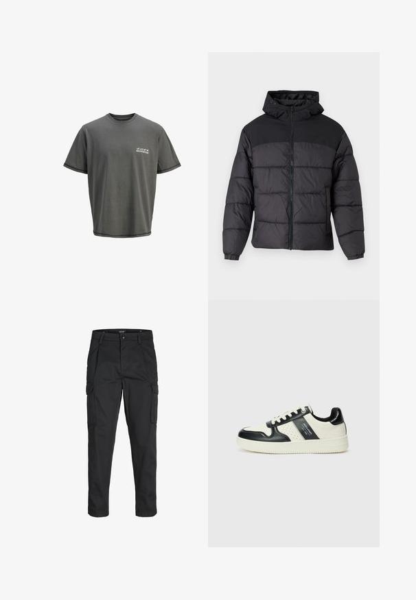 Svart puffjacka med huva, med dragkedja fram, elastiska ärmslut och en kviltad design. Översta delen har en slät tygkvalitet.; Grå bomullströja med rund halsringning, korta ärmar och en tryckt logotyp på vänster bröst. Har kontrasterande fållstygn.; Svarta cargobyxor tillverkade av hållbart tyg, med flera fickor, knappstängning och en smal passform med avsmalnande ben.; Läder sneakers med en svart och krämfärgad färgsättning, med perforerade detaljer, en vadderad krage och en strukturerad yttersula.