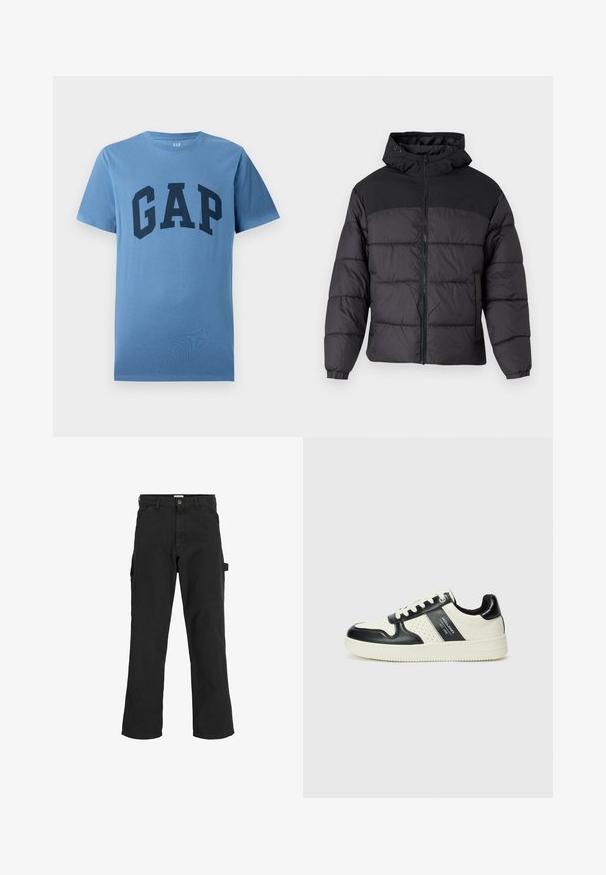 Fekete puffernadrág kapucnival, elöl cipzáros, rugalmas mandzsettákkal és steppelt dizájnnal. A felső része sima anyagból készült.; Kék, rövid ujjú, kerek nyakú póló, nagy sötétkék "GAP" felirattal a mellkason.; Fekete cargo nadrág pamut keverékből készült. Széles lábakkal, elöl ferdén zsebekkel és egy oldalsó zsebbel rendelkezik, amelyen egy hurok található kiegészítők számára.; Fekete és krém színű bőrsneaker, perforált díszítésekkel, párnázott bokapánttal és texturált talppal.
