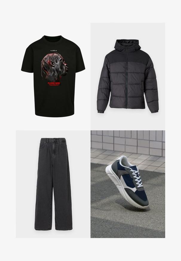Svart puffjakke med hette, med glidelås foran, elastiske mansjetter og quiltet design. Øvre del har glatt stoff.; Svart bomull t-skjorte med et grafisk motiv av et stilisert ansikt i nyanser av grått og rødt, med rød tekst under som sier "FLYING HIGH".; Bredde ben, høy midje svarte dongeri bukser med knapp og glidelås foran, med sidelommer og en glatt tekstur.; Sneakers med en navy blå mesh-overdel, grå sømværk, hvit gummisåle og flate hvite snører, designet for komfort og pusteevne.
