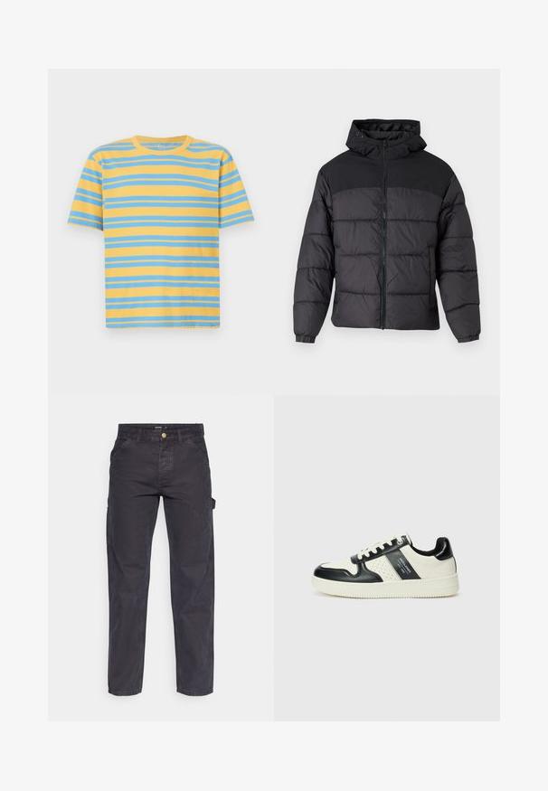 Sort pufferjakke med hætte, med lynlåslukning, elastiske manchetter og en quilted design. Øverste sektion er lavet af glat stof.; Stribet t-shirt i gul og blå, lavet af bomuld. Har en klassisk rund hals, korte ærmer og ligeledes vandrette striber.; Mørkegrå cargo-bukser lavet af slidstærkt stof, med lige ben, fem lommer og en knaplukning i taljen.; Lædersneakers i sort og creme farveskema, med perforerede detaljer, en polstret krave og en struktureret ydersål.