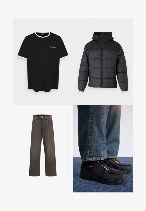 Fekete puffernadrág kapucnival, elöl cipzáros, rugalmas mandzsettákkal és steppelt dizájnnal. A felső része sima anyagból készült.; Fekete pamut póló krém színű bordázott nyakkal és ujjak végén. A pólón fehér hímzett szöveg található a mellrészen.; Széles lábú farmernadrág sötétszürke denimből, magas derékkal, klasszikus öt zsebes kialakítással és kontrasztos varrással az illesztések mentén.; Fekete bőrcipők arany fűzőlyukakkal és textúrázott felülettel, kék farmerszárral párosítva. A cipők réteges talppal és márkázott részlettel rendelkeznek.