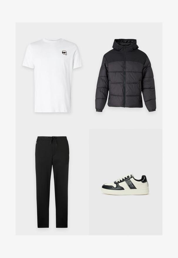 Svart puffjakke med hette, med glidelås foran, elastiske mansjetter og quiltet design. Øvre del har glatt stoff.; Hvit bomulls t-skjorte med et lite svart-hvitt grafisk motiv på venstre brystområde. Klassisk rund hals og korte ermer.; Jack & Jones JPSTACE NEO JOGGER - Bukse - black; Lædersneakers med sort og creme farveskema, der har perforerede detaljer, en polstret krave og en struktureret ydersål.