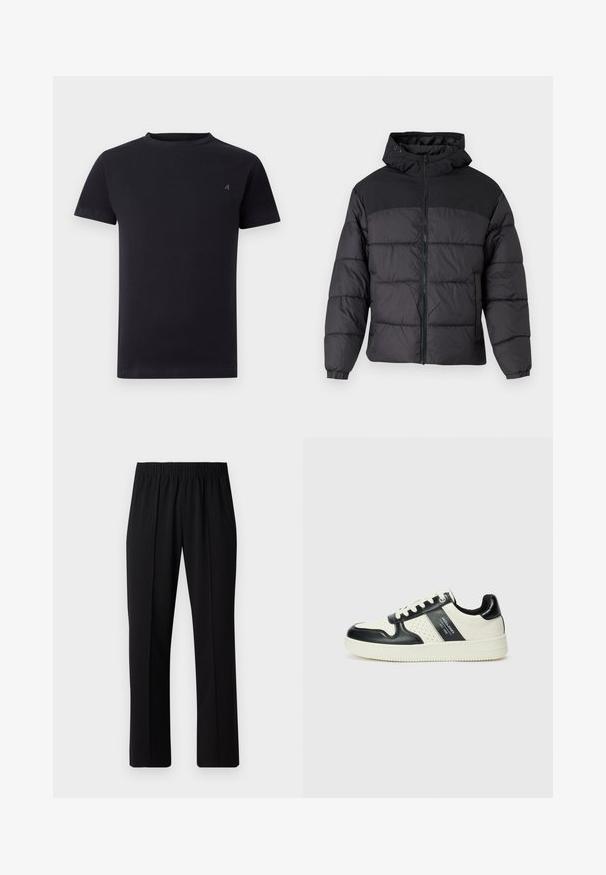 Mustas puffy jakk, millel on kapuuts, esi tõmblukk, elastsed varrukaotsad ja qm vapustav värveldisain. Ülemine osa on siledast kangast.; Must have lühikeste varrukatega Särk, millel on väikese logoga tikand vasakus rinnas, lihtne disain, mugav istuvus.; Mustad, elastse puusärgid sirge säärega, mis on sileda tekstuuriga ja ilma nähtavate mustrite või riistadega.; Nahatud nahkkingad musta ja kreemi värviskeemiga, millel on perforeeritud aktsendid, pehme krae ja tekstureeritud tallad.