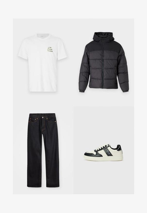 Black puffer jacket with a hood, featuring a zip front, elastic cuffs, and a quilted design. Upper section is smooth fabric.; White cotton t-shirt featuring the text "THE CLUB SCENE" in green, displayed on the left chest area with a simple crew neckline.; Men’s straight-leg black denim jeans with five pockets and orange stitching, button and zip closure on front waistband.; Leather sneakers with a black and cream color scheme, featuring perforated accents, a padded collar, and a textured outsole.