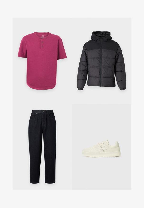 Fekete puffernadrág kapucnival, elöl cipzáros, rugalmas mandzsettákkal és steppelt dizájnnal. A felső része sima anyagból készült.; Rövid ujjú henley póló élénk magenta színben. Jellemzője a kerek nyakkivágás, három gombból álló gombolás és enyhén ívelt alja. Puha tapintású.; Sötétkék denim nadrág laza szabással, gombos és cipzáras záródással, két elülső zsebbel és varrásos díszítéssel.; Krém színű sneaker perforált részletekkel, fűzőkkel és logóval az oldalán, egy sima fehér háttér előtt kiállítva.