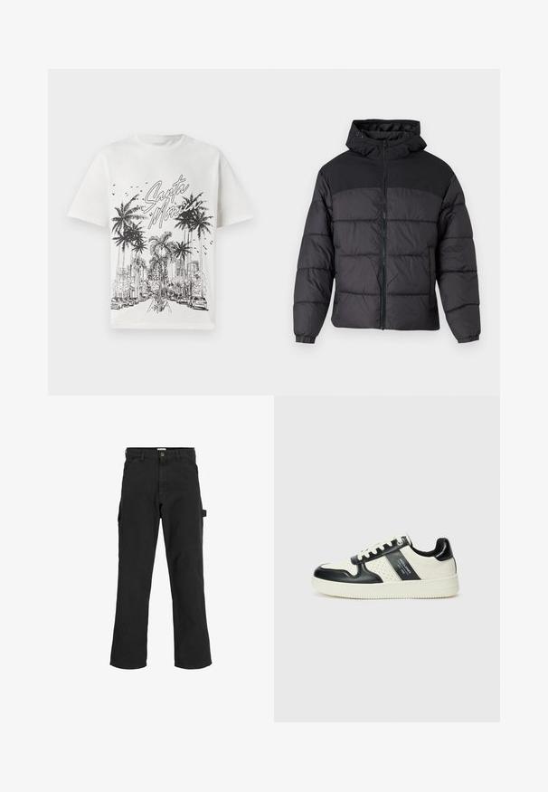 Čierna pufková bunda s kapucňou, so zipsom na prednej strane, elastickými manžetami a prešívaným dizajnom. Horná časť je z hladkej látky.; Biela bavlnená tričko s čiernym grafickým potlačou paliem a mestským horizontom s názvom "Santa Monica." Krátke rukávy, okrúhly výstrih.; Čierne cargo nohavice z bavlnenej zmesi. Majú široké nohy, predné šikmé vrecká a bočné vrecko s očkom na doplnky.; Kožené tenisky v čierno-krémovej farbe, s perforovanými akcentmi, polstrovaným golierom a štruktúrovanou podrážkou.