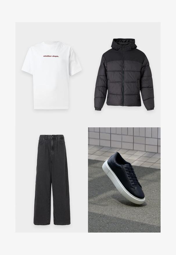 Black puffer jacket with a hood, featuring a zip front, elastic cuffs, and a quilted design. Upper section is smooth fabric.; White cotton t-shirt with short sleeves and a crew neckline, featuring red text "atelier dept." printed on the front. Simple design.; Wide-leg, high-waisted black denim pants with a front button and zipper closure, featuring side pockets and a smooth texture.; Black leather sneaker with rounded toe and white rubber sole. Features flat laces and minimal stitching on the upper. Textured sole for grip.