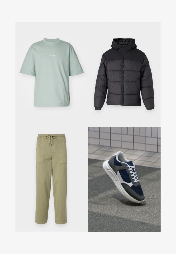 Svart puffjacka med huva, med dragkedja fram, elastiska ärmslut och en kviltad design. Översta delen har en slät tygkvalitet.; Ljusgrön oversized t-shirt i mjuk bomull med korta ärmar och rund halsringning, med "ORIGINALS est. 1990" tryckt i vitt.; Ljus olivgröna byxor i en bomullsblandning, med elastisk midja och dragsko, samt två stora sidofickor.; Sko med överdel i marinblå mesh, grå mockadetaljer, vit gummisula och platta vita snören, designad för komfort och andningsförmåga.