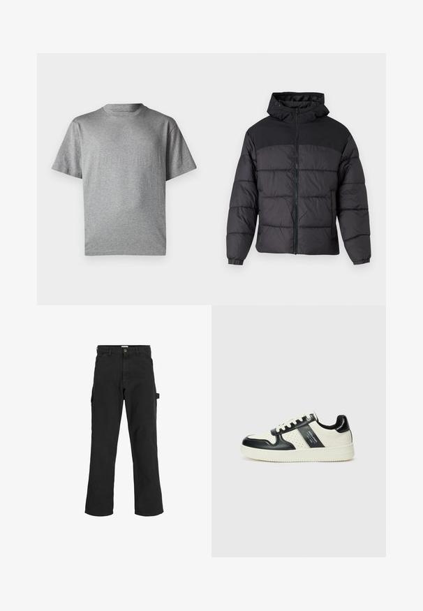 Sort pufferjakke med hætte, med lynlåslukning, elastiske manchetter og en quilted design. Øverste sektion er lavet af glat stof.; GAP ORIGINAL - T-shirts print - grey heather; Sorte cargo-bukser i en blanding af bomuldsstof. Har brede ben, skråtgående frontlommer og en sidelomme med en løkke til tilbehør.; Lædersneakers i sort og creme farveskema, med perforerede detaljer, en polstret krave og en struktureret ydersål.