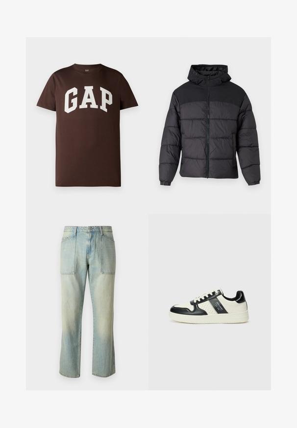 Black puffer jacket with a hood, featuring a zip front, elastic cuffs, and a quilted design. Upper section is smooth fabric.; Brown cotton T-shirt featuring a white "GAP" logo in a bold, collegiate font. Short sleeves and a crew neckline. Smooth texture.; Light blue denim jeans with a straight leg cut, visible stitching, and two large front pockets. The fabric has a faded texture.; Leather sneakers with a black and cream color scheme, featuring perforated accents, a padded collar, and a textured outsole.