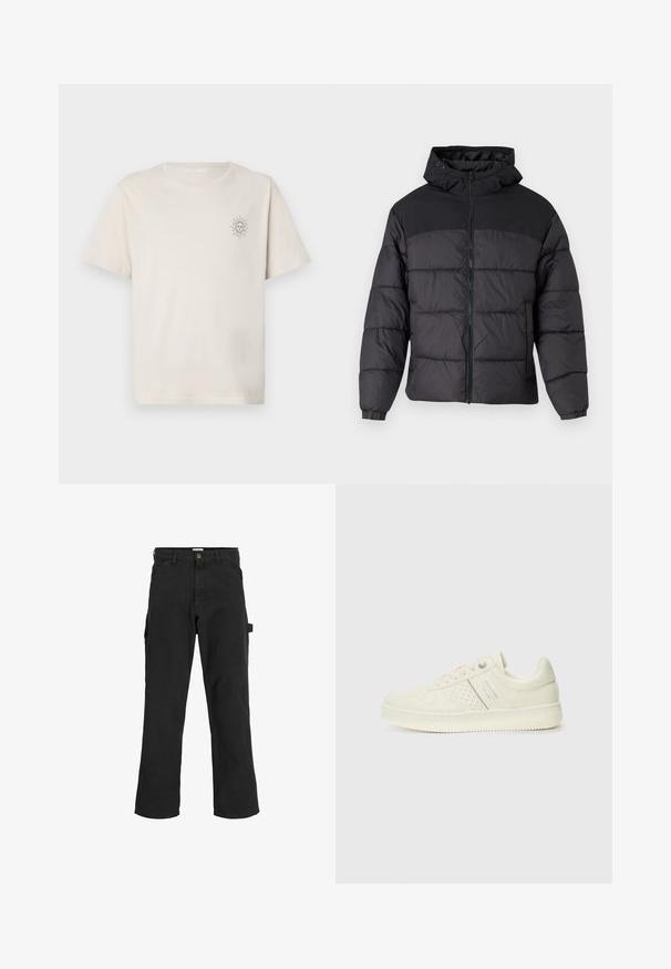 Sort pufferjakke med hætte, med lynlåslukning, elastiske manchetter og en quilted design. Øverste sektion er lavet af glat stof.; Creme kortærmet t-shirt lavet af bomuld, med et lille solgrafik på venstre bryst. Enkel rund halsudskæring og afslappet pasform.; Sorte cargo-bukser i en blanding af bomuldsstof. Har brede ben, skråtgående frontlommer og en sidelomme med en løkke til tilbehør.; Cremefarvet sneaker med perforeret detaljering, snørebånd og logo på siden, præsenteret mod en simpel hvid baggrund.