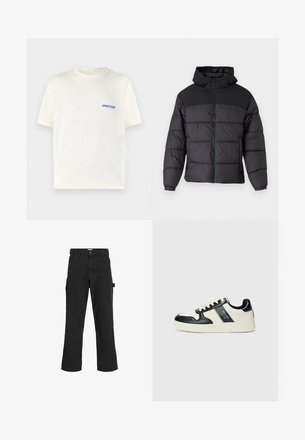 Fekete puffernadrág kapucnival, elöl cipzáros, rugalmas mandzsettákkal és steppelt dizájnnal. A felső része sima anyagból készült.; Vajaszínű, rövid ujjú póló, puha pamutból készült, bal mellen egy kicsi kék nyomott logóval. Klasszikus kerek nyakú fazon.; Fekete cargo nadrág pamut keverékből készült. Széles lábakkal, elöl ferdén zsebekkel és egy oldalsó zsebbel rendelkezik, amelyen egy hurok található kiegészítők számára.; Fekete és krém színű bőrsneaker, perforált díszítésekkel, párnázott bokapánttal és texturált talppal.