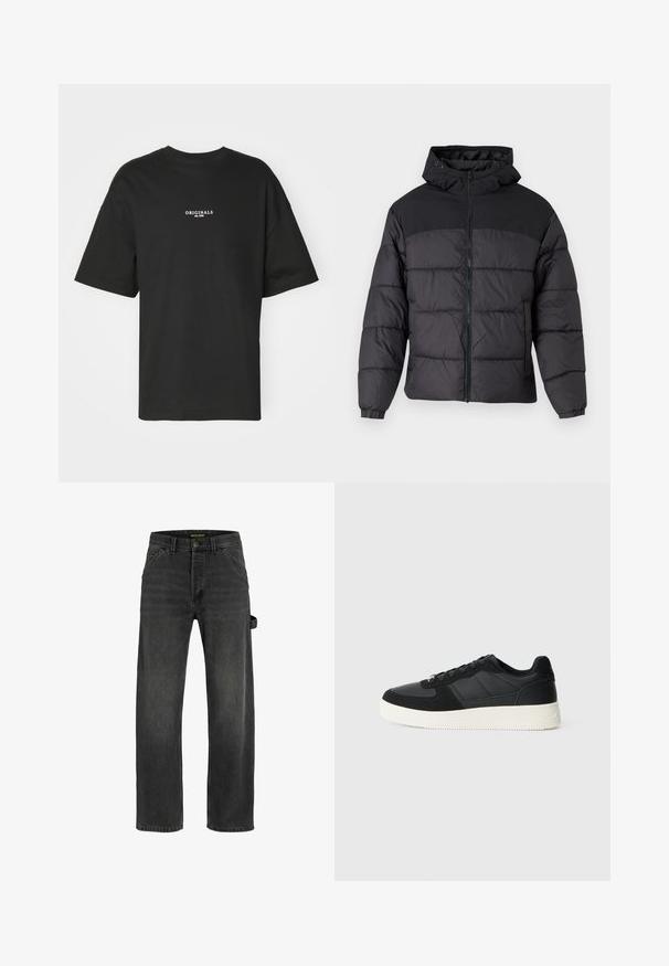 Črna puhovka s kapuco, z zadrgo spredaj, elastičnimi manšetami in kvačkanjem. Zgornji del je iz gladkega materiala.; Črn kratkosleeven majica iz bombaža, z belim tiskom "ORIGINALS est. 1970" na prsih, sproščenega kroja in okroglim ovratnikom.; Temno sivi denim kavbojke s ravnim krojem, petimi žepi, kovinsko zapiralom in stranskim trakastim detajlom.; Črne nizke teniske z teksturiranim usnjem in paneli iz semiša, bela gumijasta podloga in črne vezalke na enobarvni svetli podlagi.
