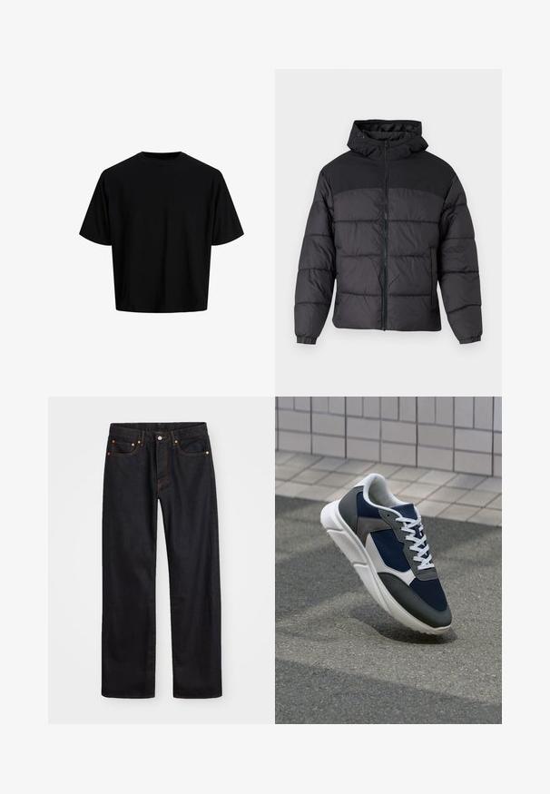 Black puffer jacket with a hood, featuring a zip front, elastic cuffs, and a quilted design. Upper section is smooth fabric.; Black cropped t-shirt made of smooth cotton fabric. Features a round neck and short sleeves, with a simple, minimalist design.; Men’s straight-leg black denim jeans with five pockets and orange stitching, button and zip closure on front waistband.; Sneaker featuring a navy blue mesh upper, gray suede accents, white rubber sole, and flat white laces, designed for comfort and breathability.