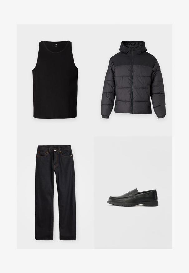 Crna puf jakna s kapuljačom, s prednjim zipom, elastičnim manžetama i kuglastim dizajnom. Gornji deo je od glatkog materijala.; Crna ženska majica bez rukava s širokim otvorima za ruke i zaobljenim izrezom. Ima glatku teksturu tkanine i suptilan logotip sprijeda.; Muške traperice ravnog kroja, crne boje, s pet džepova i narančastim šavovima, sa zatvaranjem na dugme i patentni zatvarač na prednjem dijelu struka.; Crne kožne mokasine s glatkom površinom, gornji dio u stilu mokasina, ojačani šavovi i gumeni potplat. Klasičan dizajn s niskom petom.