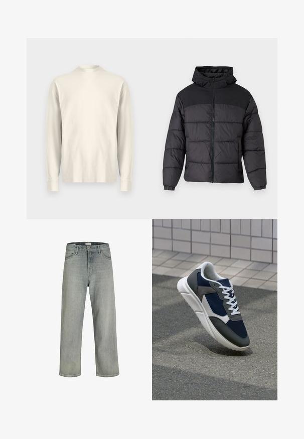 Svart puffjakke med hette, med glidelås foran, elastiske mansjetter og quiltet design. Øvre del har glatt stoff.; Langermet genser med høy hals i lys krembomull. Glatt tekstur, avslappet passform, minimalistisk design, ingen synlige mønstre eller aksenter.; Lys grå, løstsittende jeans laget av denim. Har en klassisk fem-lomme-design, beltehemper og en rett ben-silhuett.; Sneakers med en navy blå mesh-overdel, grå sømværk, hvit gummisåle og flate hvite snører, designet for komfort og pusteevne.