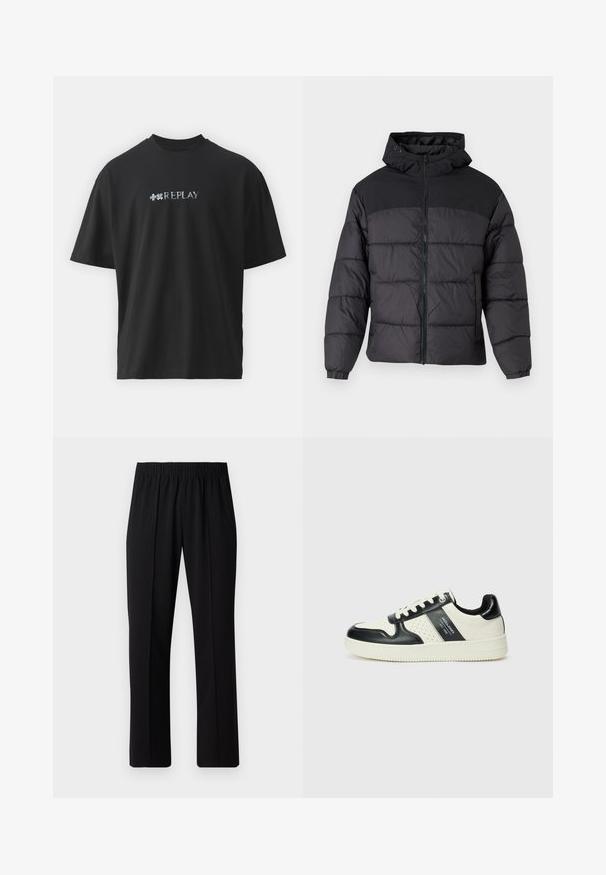 Giacca a vento nera con cappuccio, dotata di chiusura zip frontale, polsini elastici e un design trapuntato. La parte superiore è in tessuto liscio.; Replay MARTIN GARRIX - T-shirt con stampa - black; Pantaloni neri con vita elasticizzata e design a gamba dritta, caratterizzati da una texture liscia e senza motivi o hardware visibili.; Sneakers in pelle con una combinazione di colori nero e crema, dotati di dettagli perforati, collare imbottito e suola testurizzata.