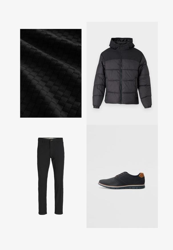 Giacca a vento nera con cappuccio, dotata di chiusura zip frontale, polsini elastici e un design trapuntato. La parte superiore è in tessuto liscio.; Tessuto nero testurizzato con un motivo intrecciato di quadrati in rilievo, che presenta una superficie liscia e dettagli intricati.; Pantaloni neri in cotone misto con vestibilità slim, dotati di chiusura con bottone, tasche e orli arrotolati per un look informale.; Scarpe sintetiche nere con tomaia testurizzata, dettagli lisci, tacco marrone e suola a contrasto. Presentano una lacerazione minimale e dettagli di cucitura.